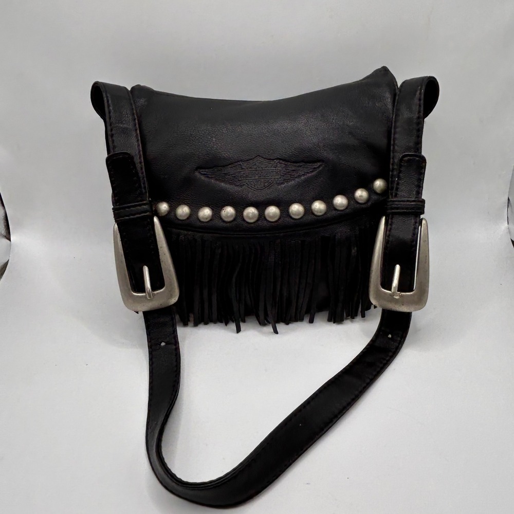 Harley-Davidson Black Leather Fringed Studded Crossbody Bag Small Western Biker